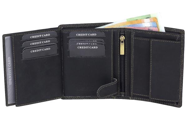 RFID Herren Geldbörse im Hochformat mit NFC Schutzfolie gegen Datendiebstahl LEAS MCL im Vintage-Stil in Echt-Leder, schwarz (LxB 12x10cm)